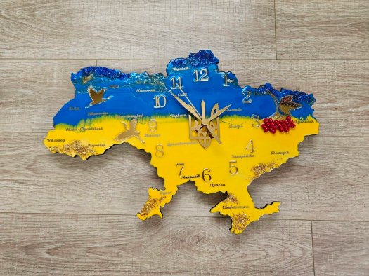 Настінний годинник  ручної роботи "Карта України & Калина"